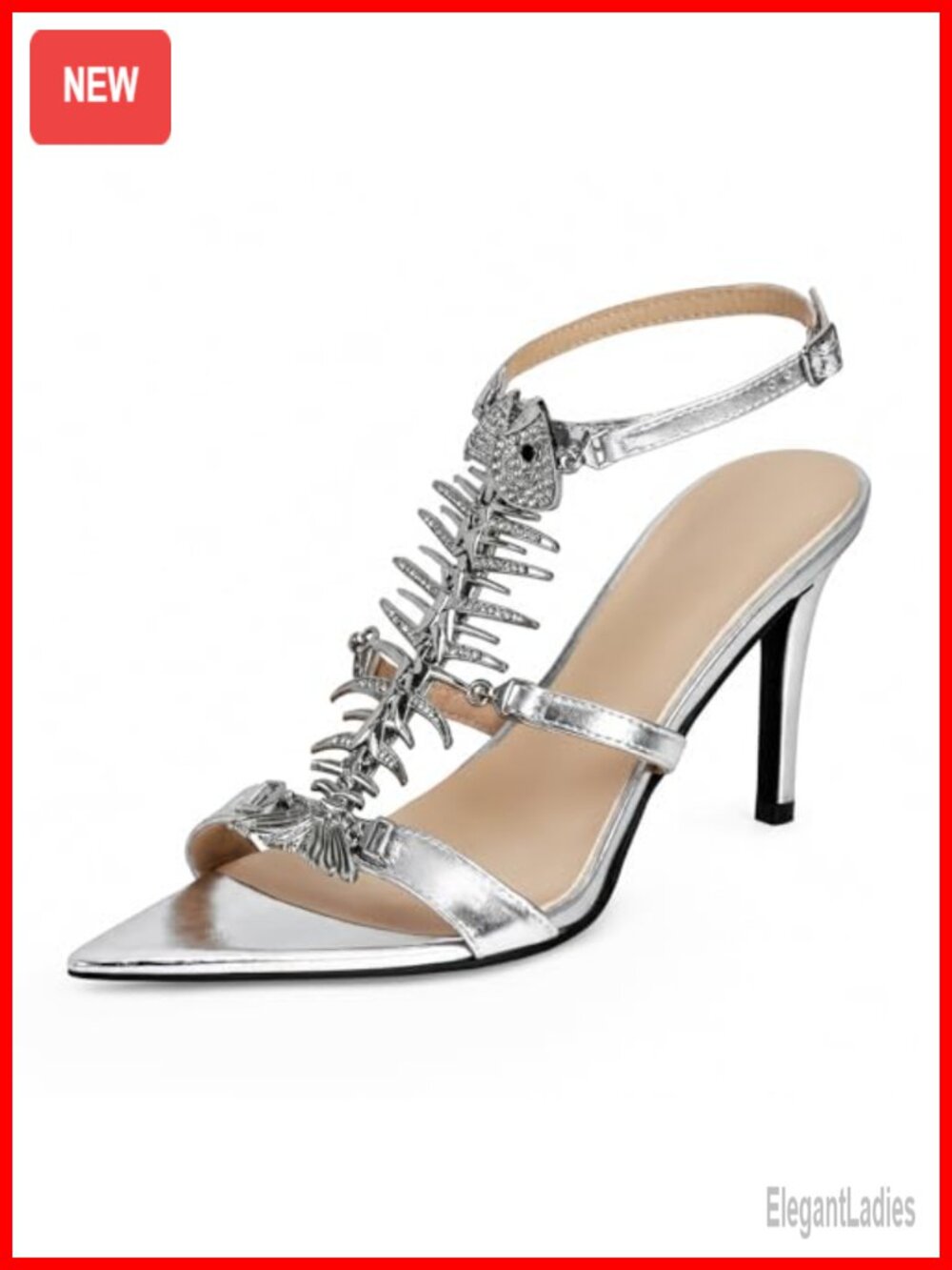Rhinestone Stiletto Heeled Sandals Faux Leather Pointed Toe Ankle Strap